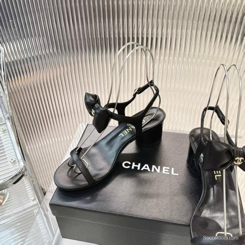 2025 Women Chanel Black Lambskin Bowknot Sandals LY00260