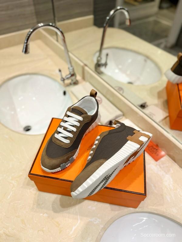 2024 Unisex Hermès Brown Khaki Mesh Suede Sneakers
