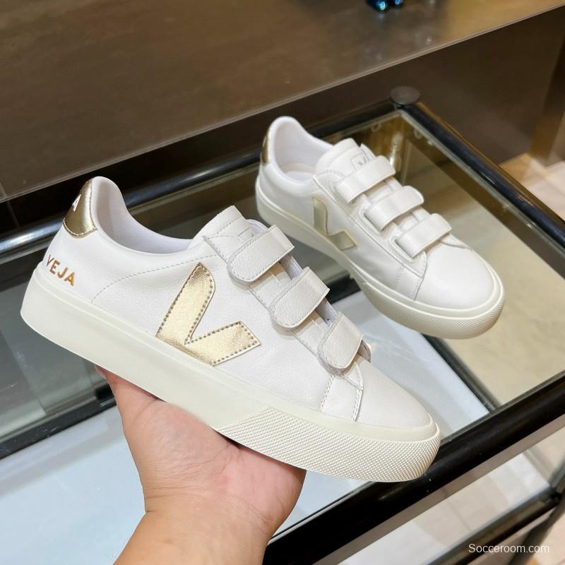 2025 Women VEJA White Gold Leather Strap Sneakers