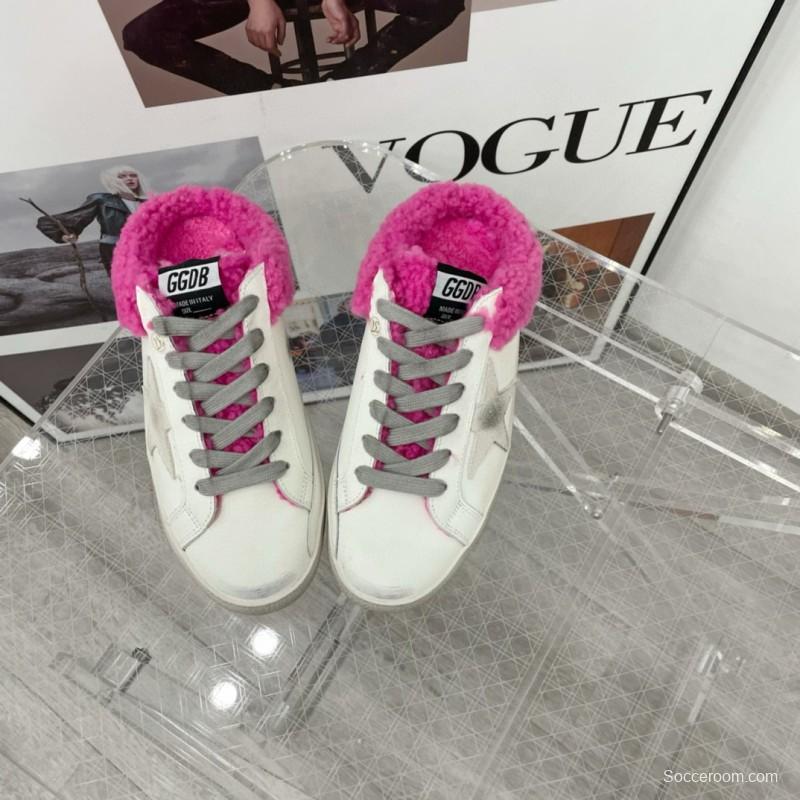 2025 Women GGDB White Pink Shearling Leather Sneakers