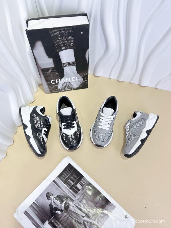 2024 Kids CHANEL Black White Leather Sneakers