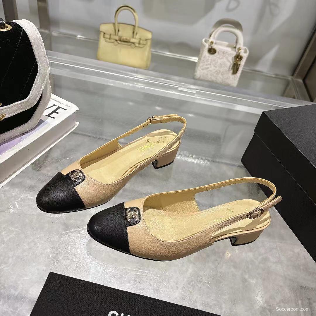 2025 Women Chanel Beige Black Leather Slingback Sandals LY00300