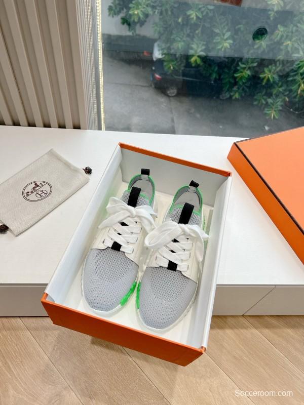 2024 Unisex Hermès White Green Calfskin Suede Sneakers MJ00290
