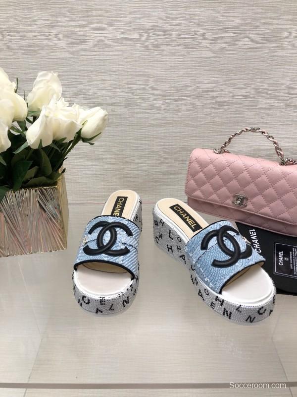 2025 Women Chanel Blue Denim Canvas Slippers LY00320
