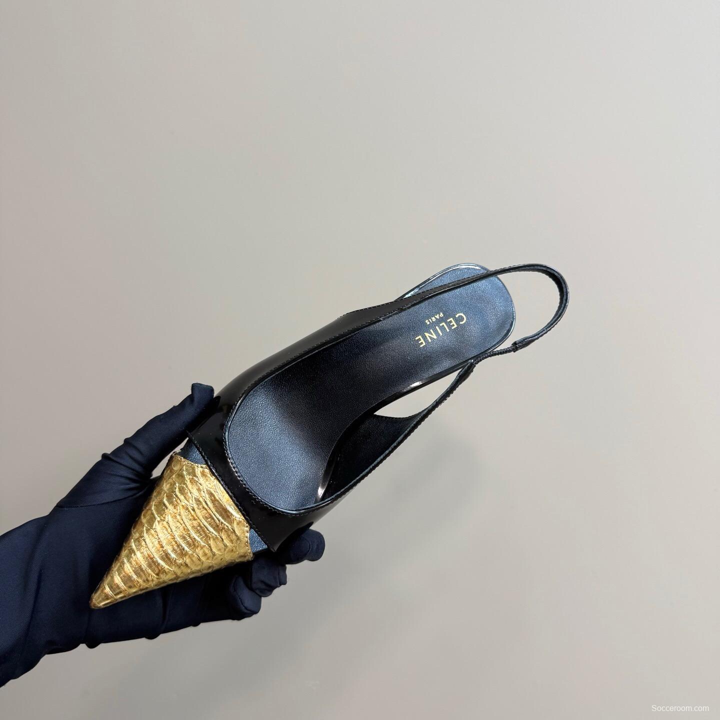 2025 Women CELINE Black Gold Leather Slingback Heels