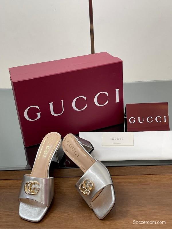 2025 Women Gucci Gold Leather Mules GG Emblem LY00280