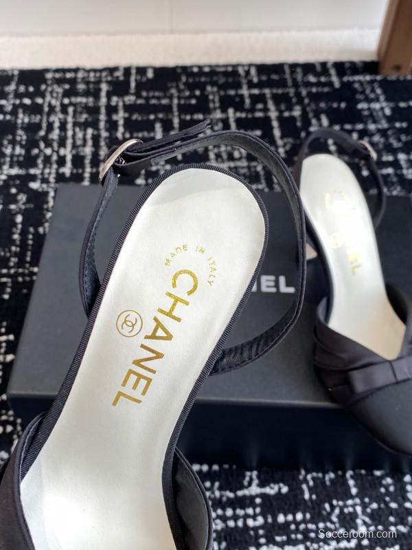 2025 Women Chanel Black Satin Leather High Heels Bow Slingback KFY00289