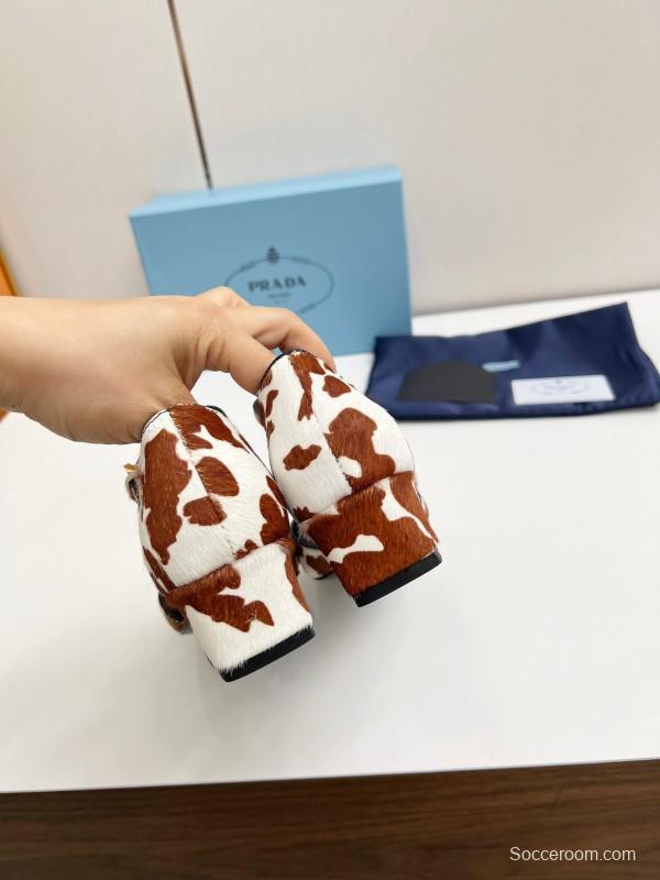 2025 Women Prada Brown White Calf Hair Strap Heels LY00270
