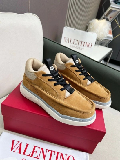 2025 Unisex Valentino Brown Beige Leather Suede Sneakers LY00390