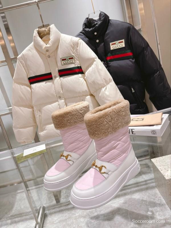 2024 Women Gucci Pink White Leather Shearling Snow Boots
