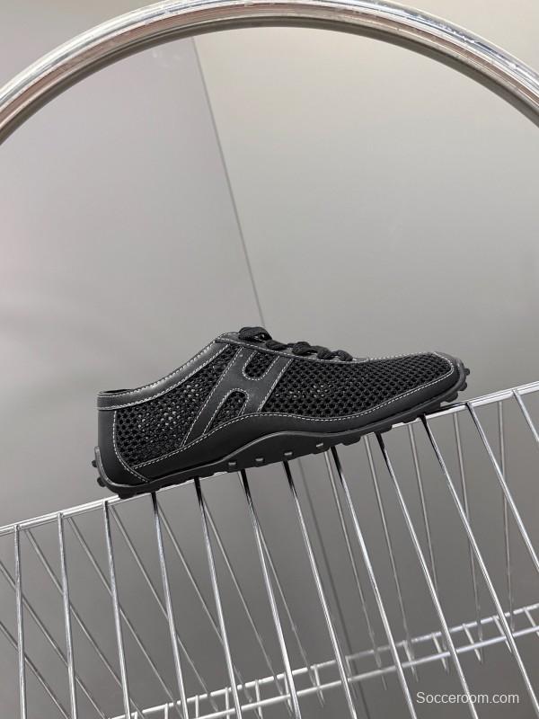 2025 Women Hermès Black Mesh Leather Trainers KFY00250