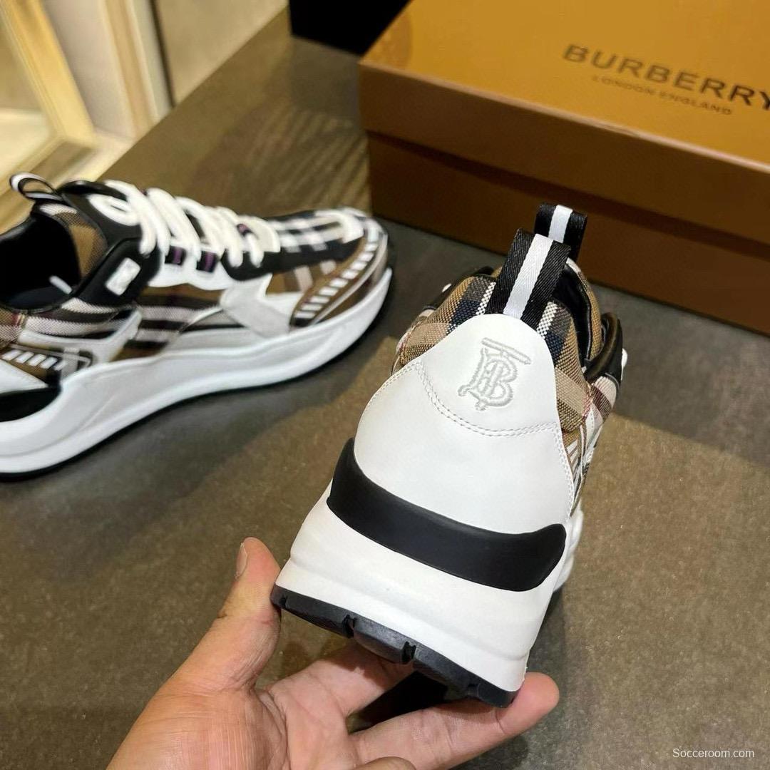 2025 Unisex Burberry Brown White Black Cotton Calfskin Suede Sneakers Check MJ00380(W/M)