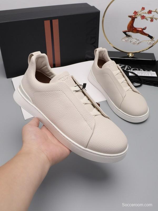 2024 Men Ermenegildo Zegna Beige Leather Low Top Sneakers MJ00240