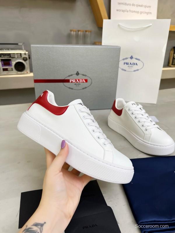 2024 Unisex Prada White Red Calfskin Silk Thick Sole Sneakers MJ00310