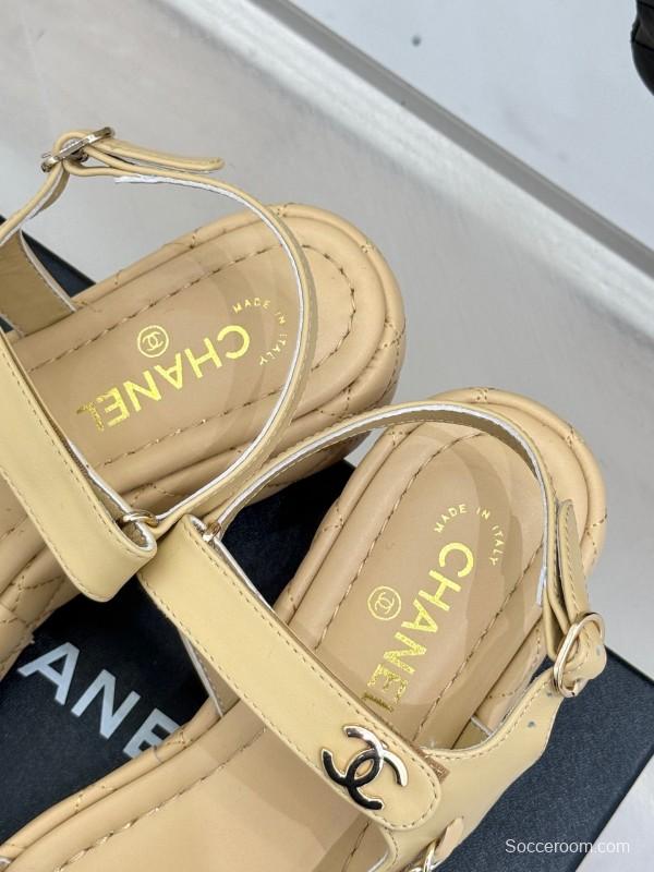 2025 Women Chanel Beige Leather Platform Sandals Chain KFY00270