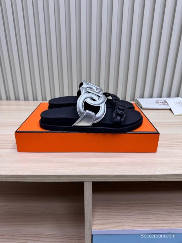 2025 Slippers Hermès Silver Black Leather Chain Decoration
