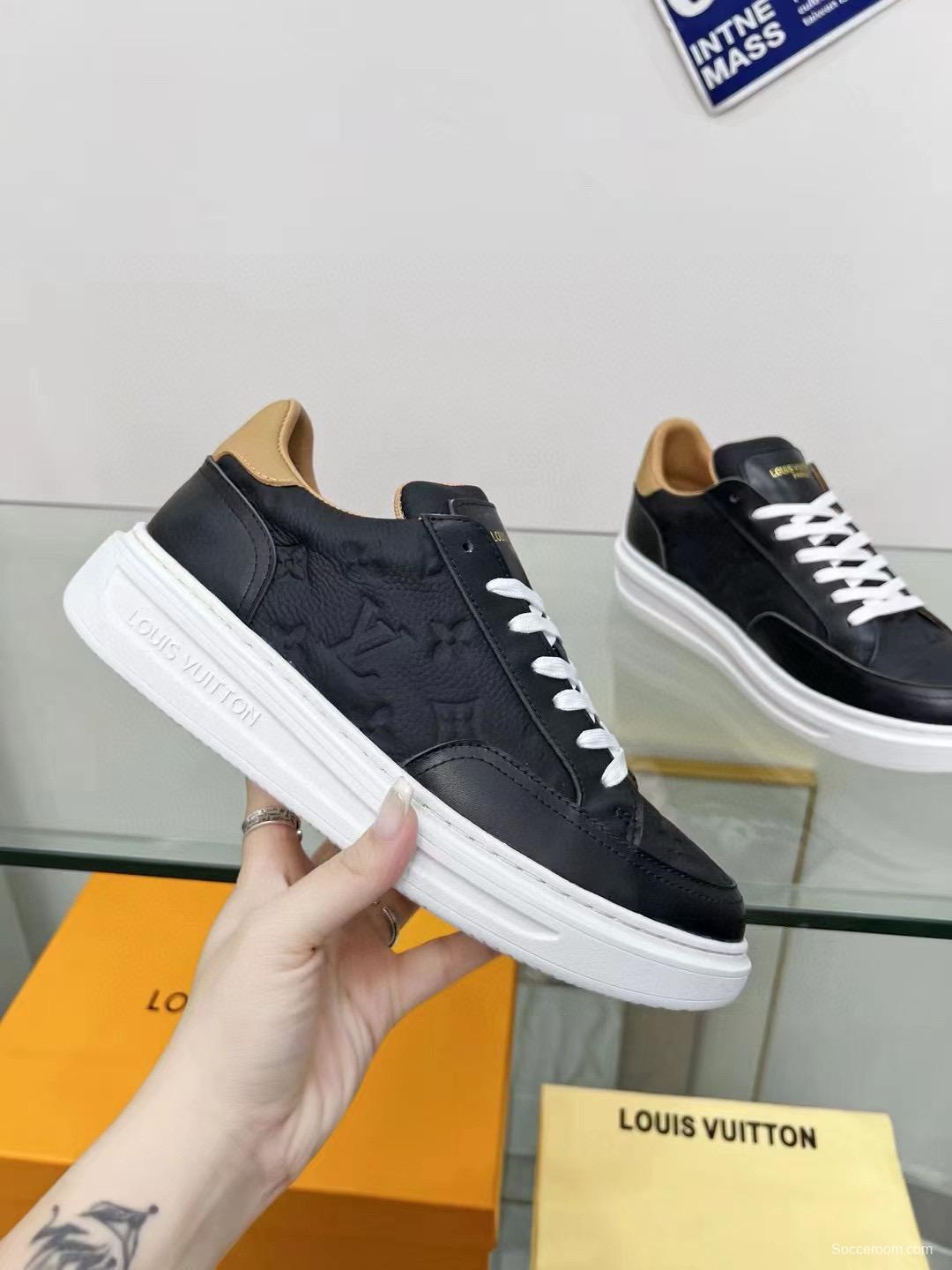2024 Unisex Louis Vuitton Black Beige Leather Sneakers