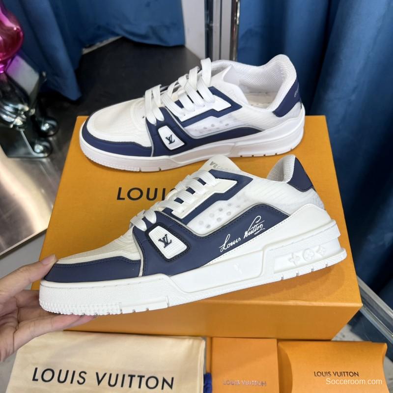 2025 Unisex Louis Vuitton White Navy Leather Sneakers