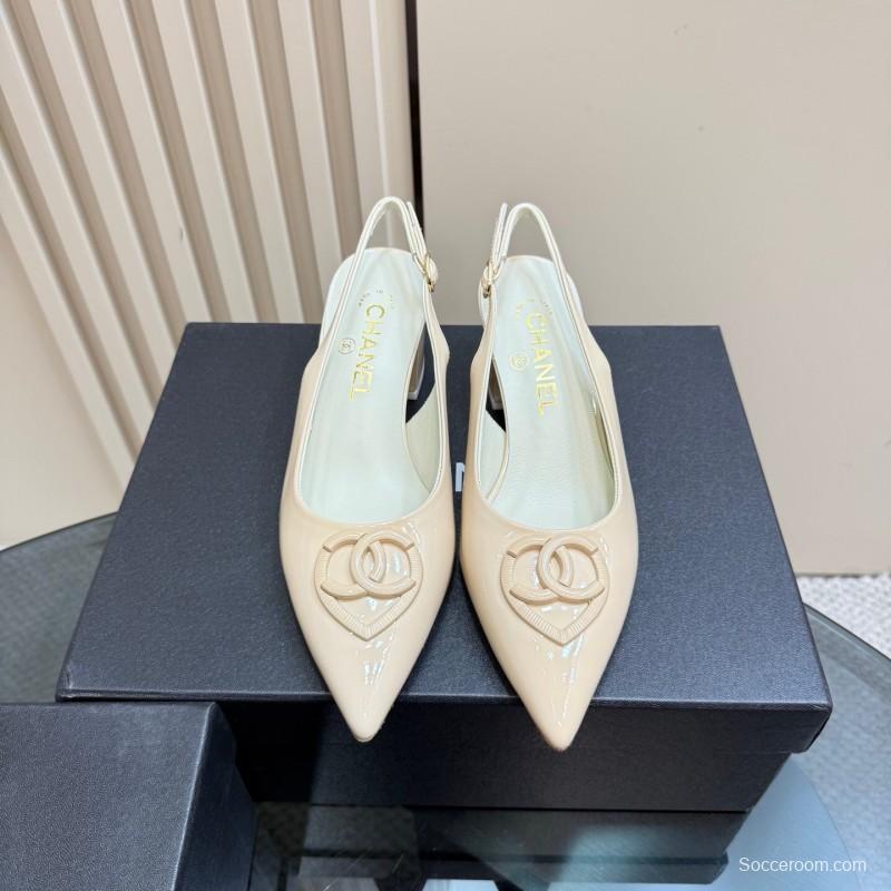2025 Women Chanel Beige Patent Leather Slingback Heels