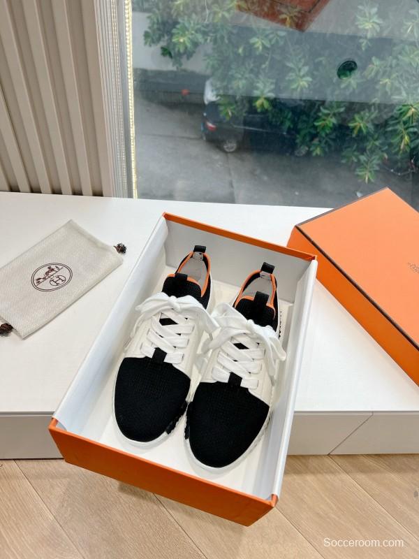 2024 Unisex Hermès Black White Orange Calf Leather Suede Knit Sneakers MJ00290