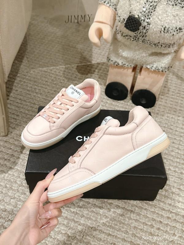 2025 Women Chanel Pink Leather Sneakers
