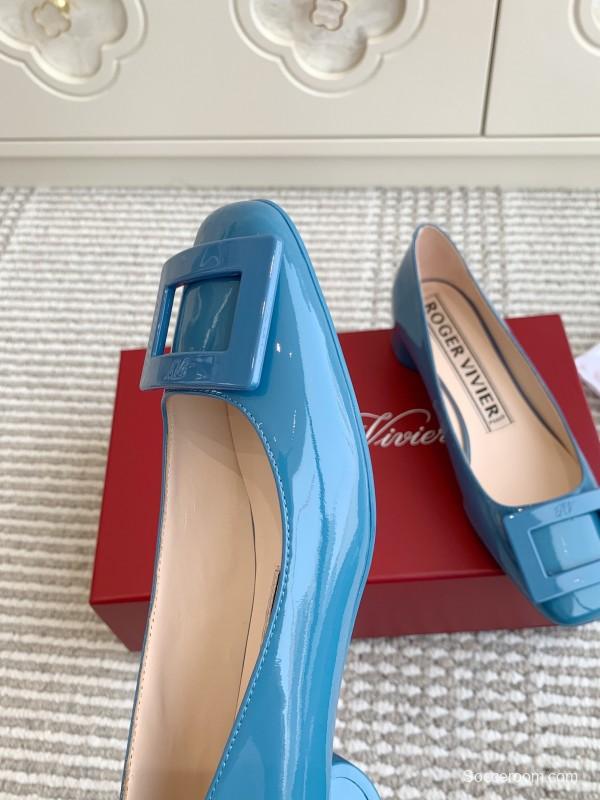 2025 Women Roger Vivier Blue Patent Leather Ballet Flat Square Buckle KFY00310