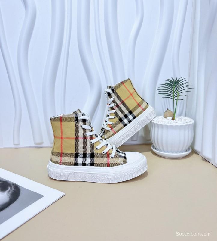 2024 Kids Burberry Beige Black White Canvas Leather High-top Sneakers
