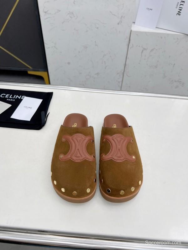 2025 Slippers Celine Brown Pink Suede Leather Studded LY00240