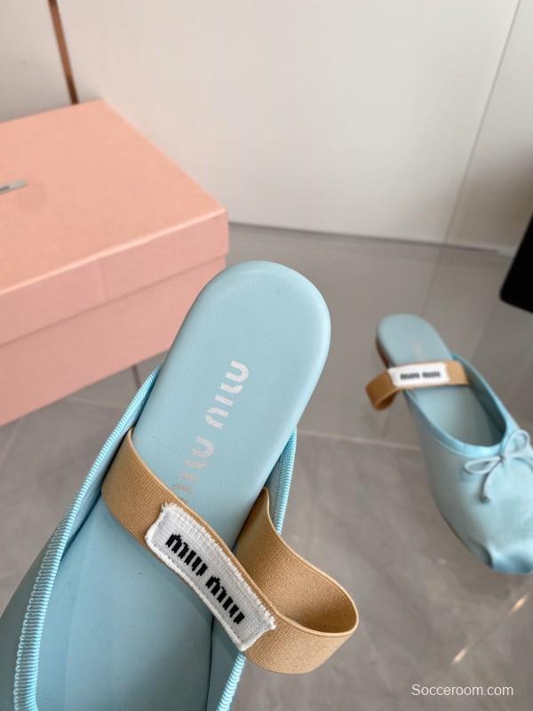 2025 Women Miu Miu Light Blue Satin Slip-On Ballet Flats KFY00280