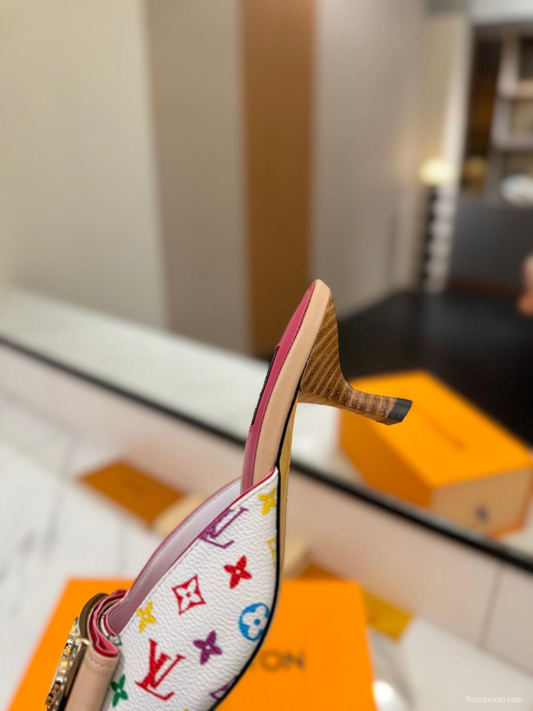 2025 Women Louis Vuitton White Pink Leather Mules