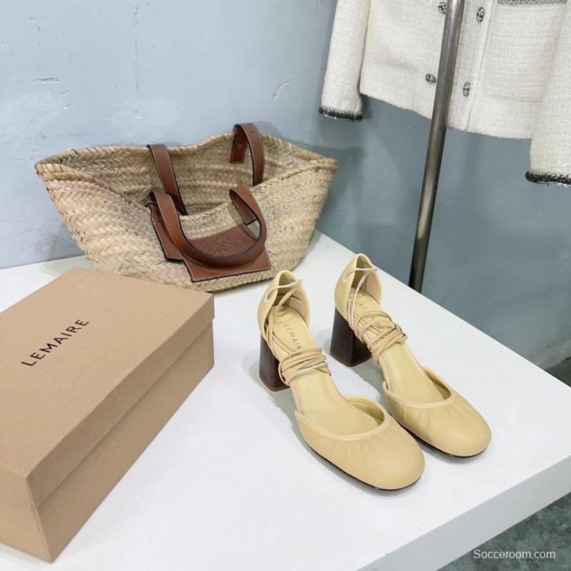 2025 Women LEMAIRE Pale Yellow Lambskin Mary Jane Heeled Shoes