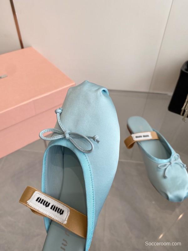 2025 Women Miu Miu Light Blue Satin Slip-On Ballet Flats KFY00280