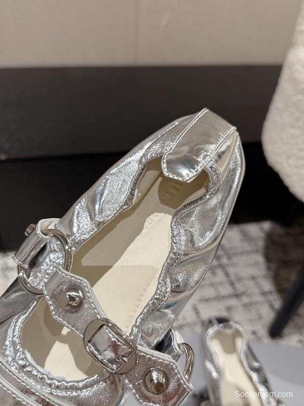 2025 Women BALENCIAGA Silver Leather Ballet Flats Metal Buckle KFY00300