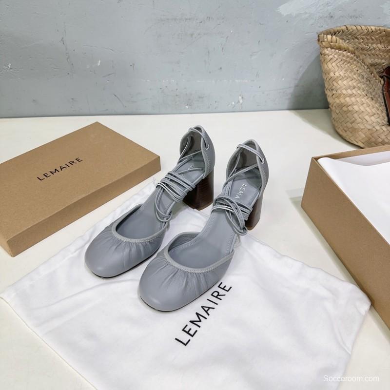 2025 Women LEMAIRE Grey Leather Mary Jane Block Heel KFY00300