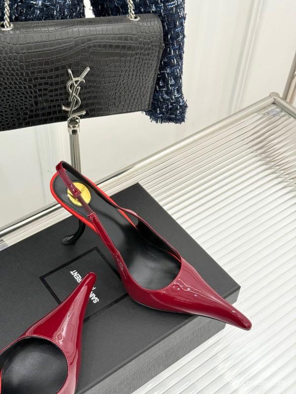 2025 Women Yves Saint Laurent Burgundy Patent Leather Slingback Heels