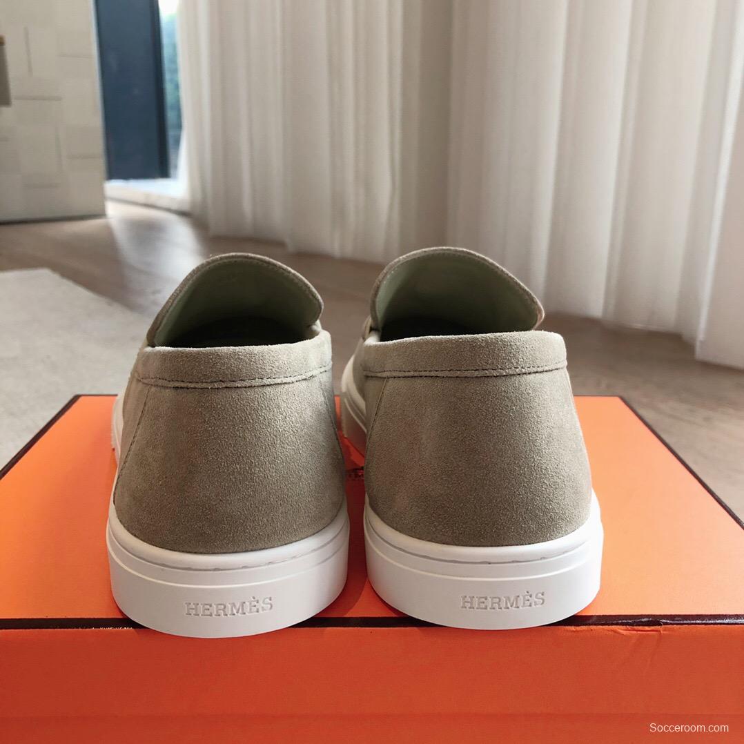 2025 Unisex Hermès Khaki Suede Leather Loafers AS00380