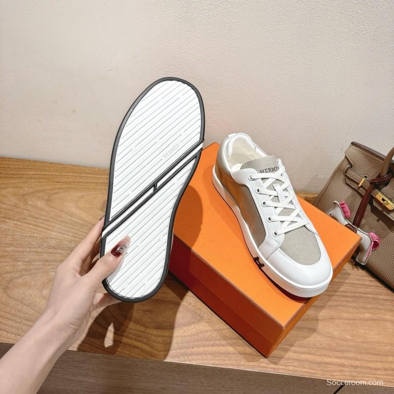 2025 Unisex Hermès White Light Grey Leather Fabric Sneakers AS00380
