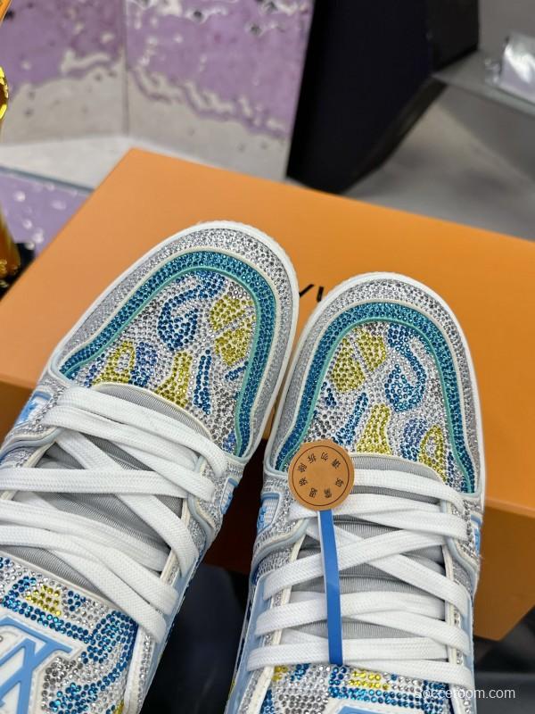 2025 Unisex Louis Vuitton Blue Yellow White Leather Denim Plimsolls Handcrafted Rhinestone AS00400