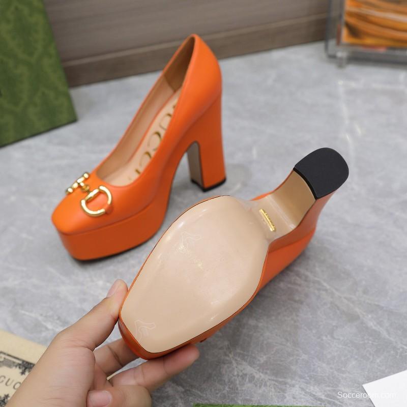 2025 Women Gucci Orange Leather Platform Pumps KFY00320