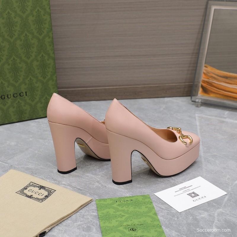 2025 Women Gucci Pink Leather Platform Pumps KFY00320