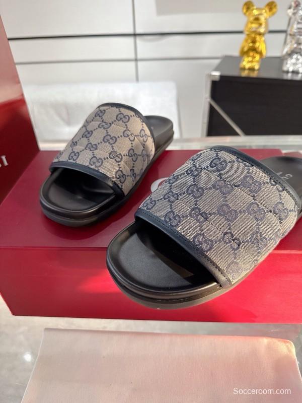 2025 Unisex Gucci Black Grey Fabric Slippers Double G Embossed AS00240