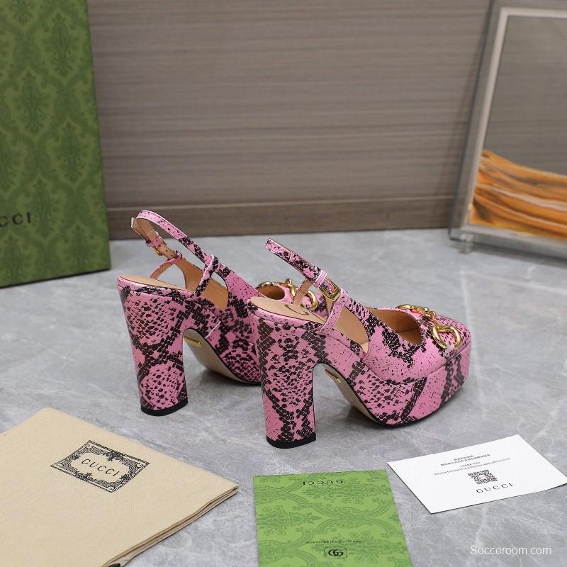 2025 Women Gucci Pink Black Leather Platform High Heels KFY00320