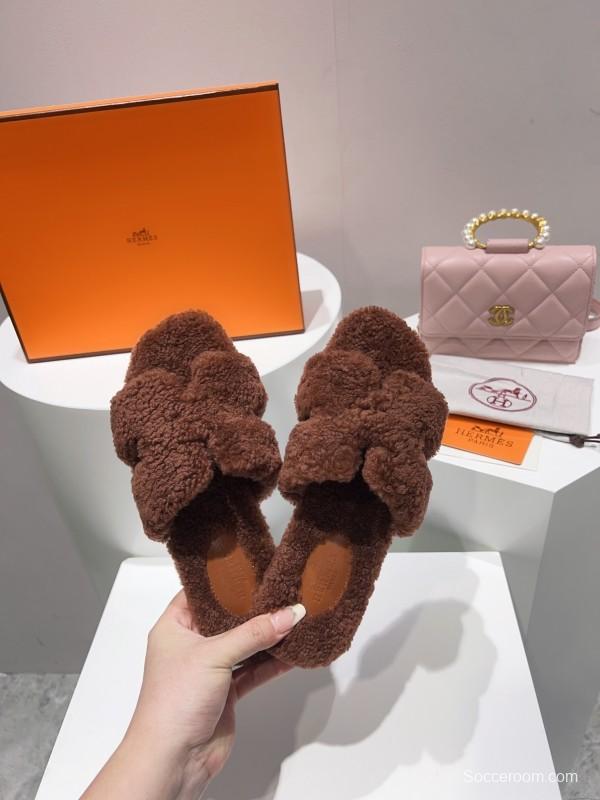H Teddy Wool H Slippers Flat Sole Fur Slippers - LY00240