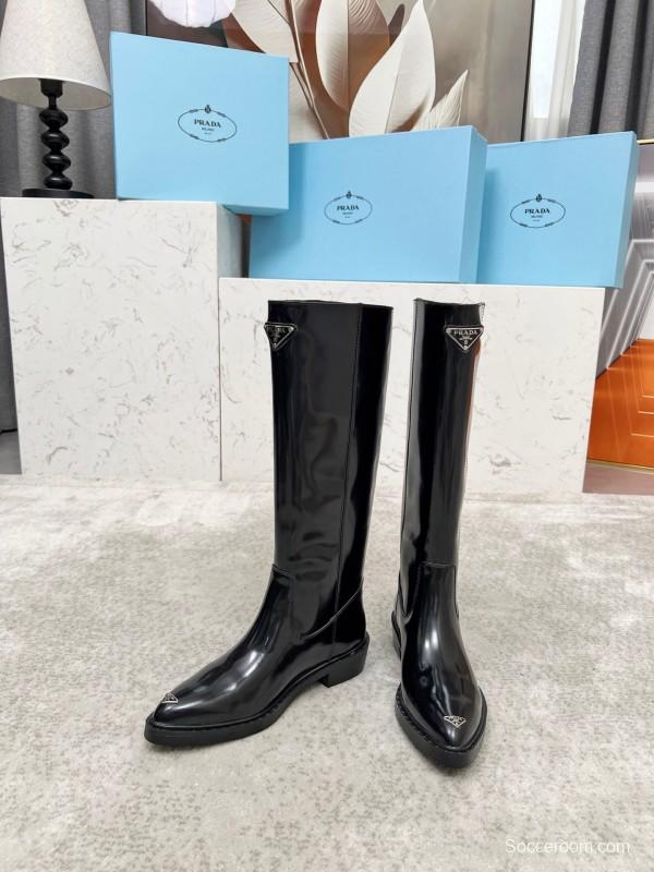 Prada Classic Triangle Logo Pointed Toe Boots - LY00400