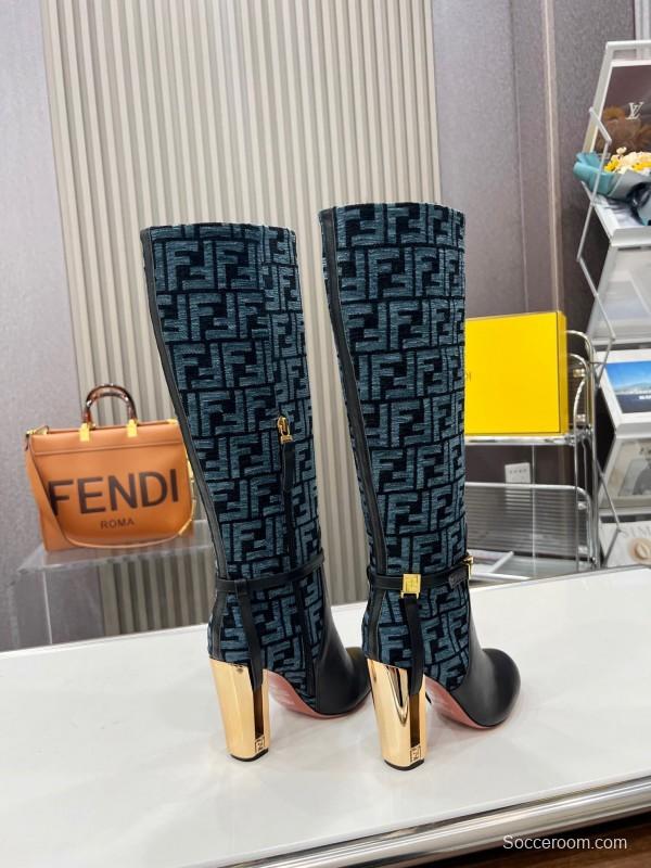 FENDI Delfina Round Toe Boots with FF Buckle and Heel Detail - LY00
