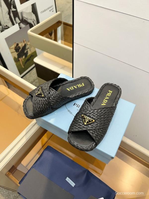 Prada 2025 SS Raffia Handwoven Cross Strap Sandals - KFY00260