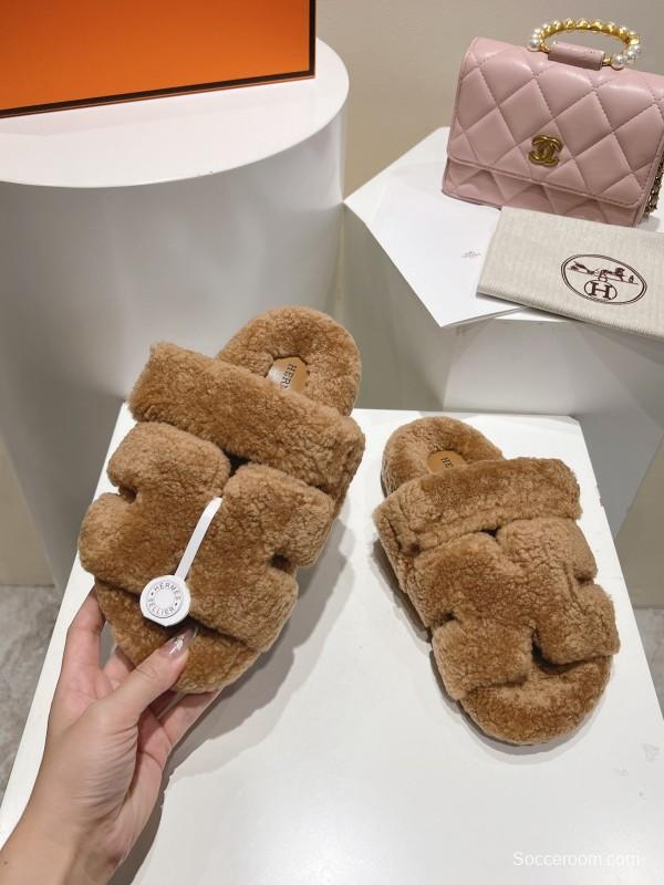 H Love Tulle Full Wool Fur Slippers with Wavy Fur - LY00270