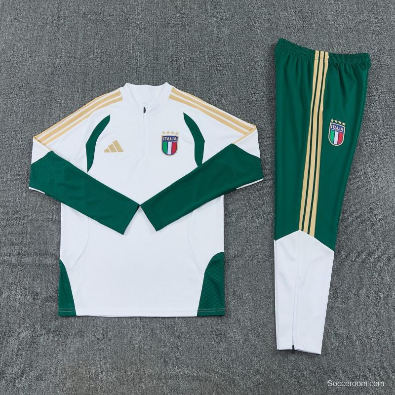26/27 Italy White Half Zipper Jacket Tracksuit + Green Long Pants