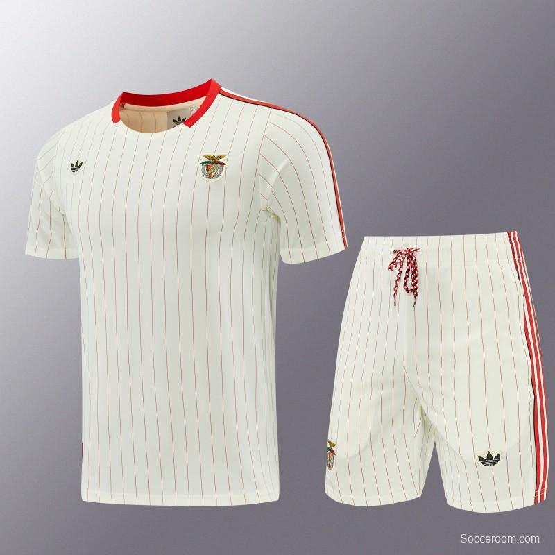 26/27 Benfica × Adidas Originals Off-White Pinstripe Short Sleeve+Soccer Shorts