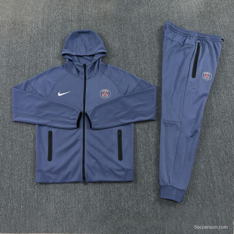 26/27  Paris Saint-Germain Steel Blue Full Zipper Hooded Jacket Tracksuit + Long Pants